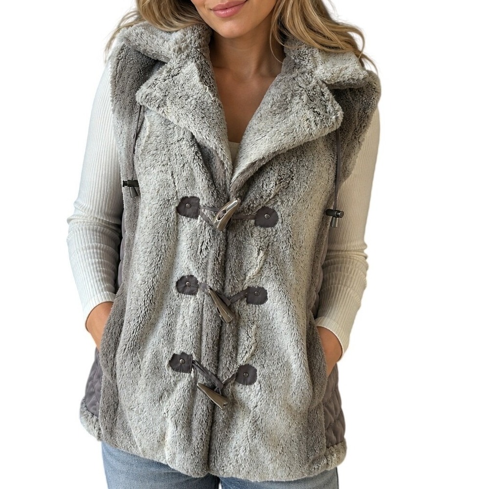 Montanaco Faux Fur Toggle Vest Taupe Beige Quilted Sides 1XL